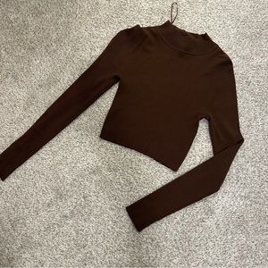 Brown Long Sleeve Sweater Mock Neck Cropped Top